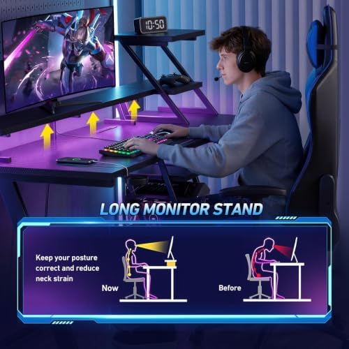 Korfile 40 Inch Gaming Desk with LED & Power Outlet, Carbon Fiber Black - Image 4