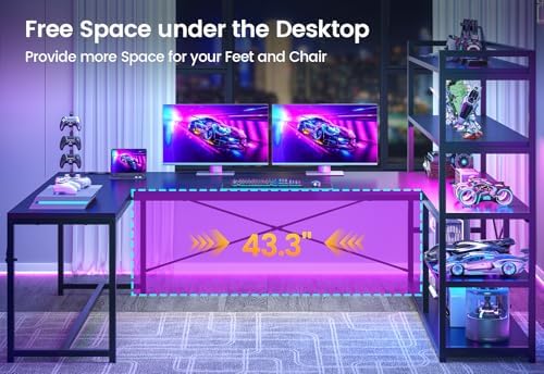 SEDETA L Shaped Gaming Desk, 63'' Reversible Computer Desk with Power Outlet and Storage Shelves, Corner Gaming Desk with LED Lights, Bookshelf for Home Office, Black - Image 5