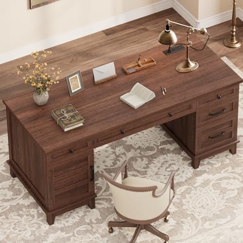 GarveeHome Executive Desk with File Drawers, Farmhouse Home Office Desk with Charging Station, 60 in Wooden Computer Desk with Cabinet Storage for Work Study Writing, Walunt Brown - Image 3