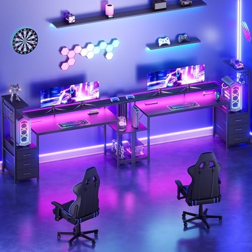 Korfile 63 Inch Gaming Desk with Bluetooth LED Lights & Power Outlets,Computer Desk with Fabric Drawers & Hooks,Reversible Gamer Table with Monitor Stand for Game Room,Home Office,Carbon Fiber Black - Image 6