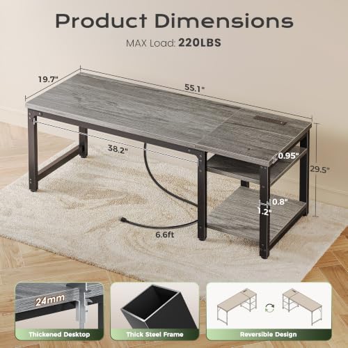 Huuger 55'' x 19.7'' Computer Desk with Power Outlets, 0.95'' Thick Desktop - Image 2