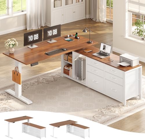 SEDETA L Shaped Electric Standing Desk, 55" x 55" Height Adjustable Office Executive Desk with 6 Fabric Drawers and Storage Shelves, Sit Stand Computer Desk with Power Outlet (White + Brown) by SEDETA