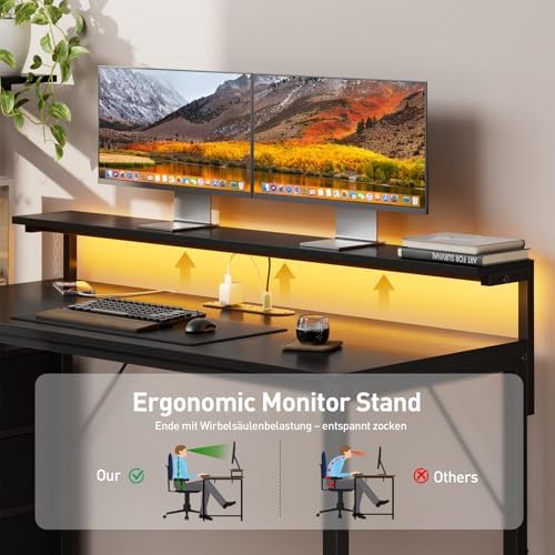 HLDIRECT 44 Inch Gaming Desk with Power Outlets & LED Lights, Black - Image 6