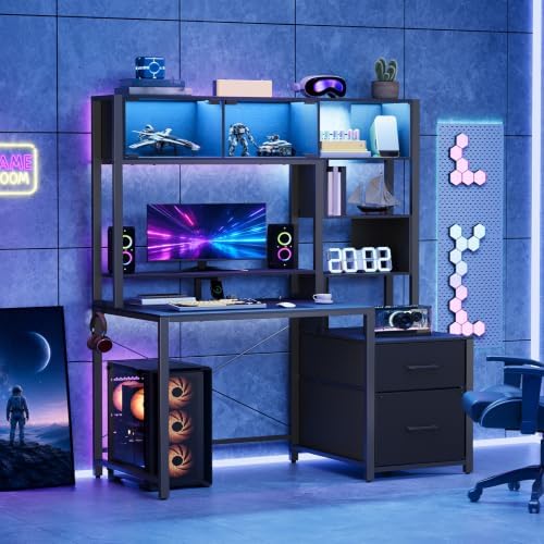 HOOBRO Computer Desk, 47.2" Gaming Desk with Hutch and LED Lights, Home Office Desk with Drawers and Bookshelf, Desk with Monitor Stand and Power Outlet for Bedroom, Black BB24UDDN01 - Image 3