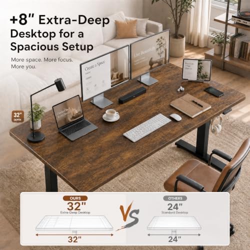 Grandder 55x32 Extra-Deep Electric Standing Desk, Wide Desktop Fits 49" Ultrawide Monitor+Dual Screens, 176 lbs Capacity, 2 Memory Presets, Computer Desk for Home Office & Gaming, Rustic Brown - Image 3