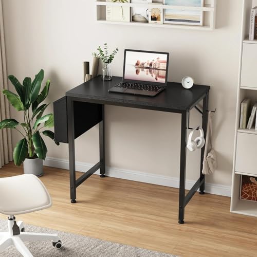 Lufeiya Small Desk for Small Spaces, 24 Inch Kids Girls Study Writing Mini Desks for Bedroom, Simple Modern Laptop PC Little Side Table with Storage Bag Headphone Hooks, Black - Image 2