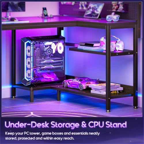 AODK 55" L Shaped Gaming Desk with Pegboard Hutch, LED Lights, Black - Image 6