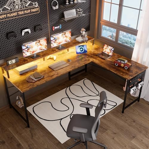 Pamray 64 Inch L Shaped Gaming Desk with Monitor Stand and Power Outlets by PAMRAY