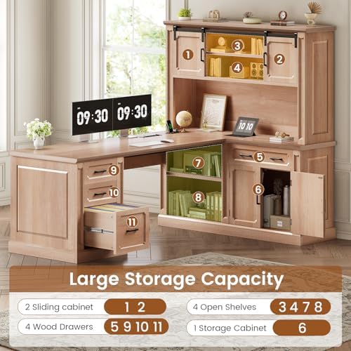 SEDETA 67" Farmhouse Executive L Shaped Desk with Hutch & Storage - Image 4