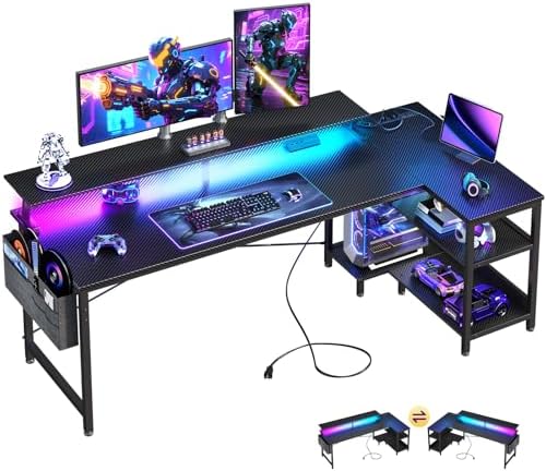 ODK 66 Inch L Shaped Gaming Desk with LED Lights, Power Outlets, Black by ODK