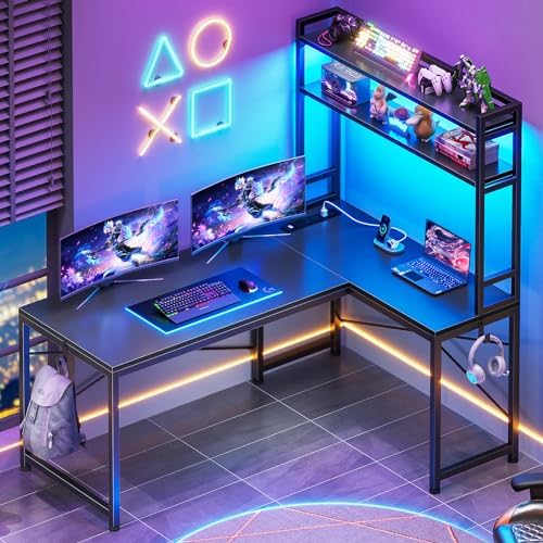 SEDETA L Shaped Gaming Desk, Reversible 45.3” Small Corner Desk with Power Outlet and LED Lights, Corner Gaming Desk with Storage Shelves, Hooks for Small Space, Black by SEDETA