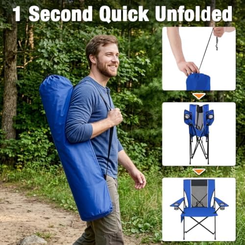 Romswi Oversized Portable Folding Camping Chair for Adults, Heavy Duty Outdoor Sports Chair with Dual Cup Holders, Side Pocket and Carry Bag, for Lawn, Beach, Fishing, Picnic and Tailgating,Blue - Image 5
