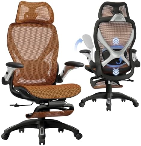 ELABEST X100 Ergonomic Mesh Office Chair with Footrest, Big and Tall Home Desk Chair with 5D Flip-Up Arms, Adjustable 3D Lumbar Support, Gaming & Executive Computer Chair (Tangerine Burst) by ELABEST