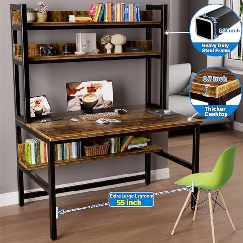 Aquzee Computer Desk with Hutch, 55 Inch Desk with Shelves - Image 4
