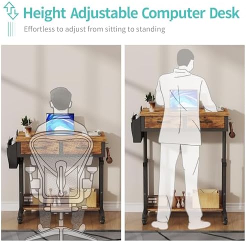 Small Portable Standing Rolling Desk - 32 Inch Adjustable Mobile Stand Up Teacher Desks with 2 Fabric Drawers on Wheels, Couch Sofa Side Laptop Table with Storage for Bedroom Home Office, Rustic Brown - Image 5