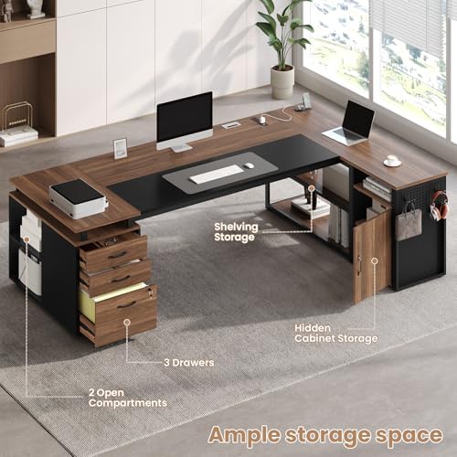 78" Executive Desk with Lockable File Cabinet, L Shaped Office Desk with Power Outlets, Large Executive Desk with Drawers and Storage Shelves , Reversible Computer Desk with Privacy Screen, Walnut - Image 5