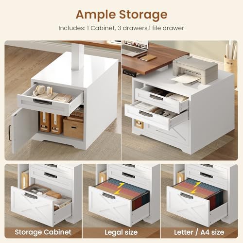 SEDETA Farmhouse L Shaped Standing Desk, 70.1" x 73.2" Height Adjustable Home Office Executive Desk with Drawers, Power Outlet, Monitor Stand, Sit Stand Table with Led Lights for Home Office, White - Image 4
