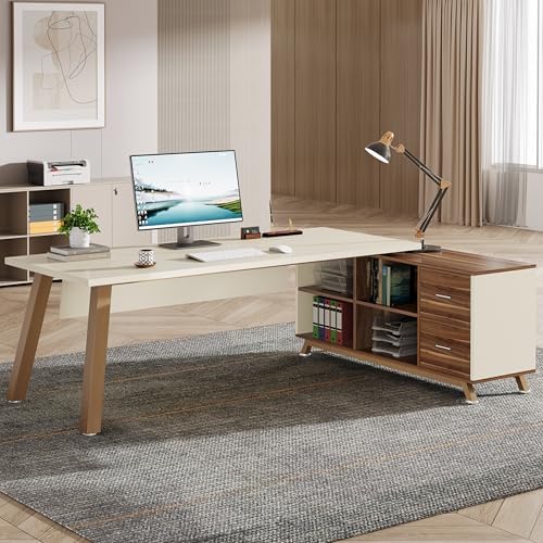 Tribesigns 78.7-Inch Executive Desk, L-Shaped Desk with 55-Inch Cabinet, Large Office Desk with Storage Shelves, Modern Computer Desk for Home Office, White & Walnut - Image 5