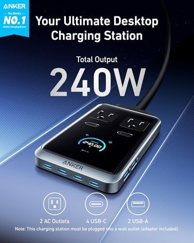 Anker Prime Charging Station, 240W 8-in-1 Power Strip, 2 AC, 4 USB C - Image 2