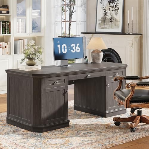 59" Classic Executive Desk with Storage, Victorian Executive Desk with Charging Station, Keyboard Tray, 3 Drawers & 2 Cabinet Storage & 2 Pedestals, Easy Assembly, Black by Unknown