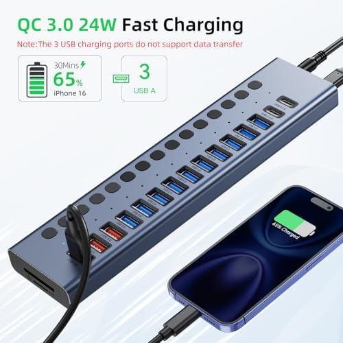 VANGREE Powered USB Hub 10Gbps, 17 Ports USB 3.2 Hub, 96W Power Adapter - Image 4