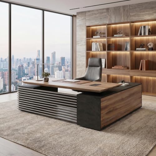 SAINTCY 86.61In L Shaped Executive Standing Desk with Drawers, Large Modern Adjustable Heigh Home Office Desk w/Universal Charging Ports, Business Workstation, Black and Warm Oak - Image 3