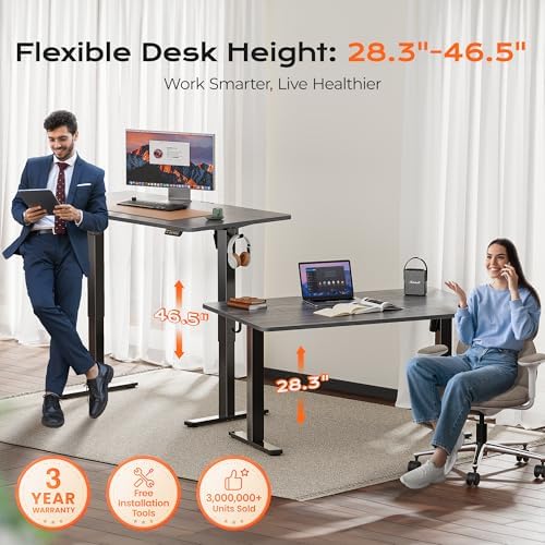 Huuger 55 x 28 Large Electric Standing Desk, Height Adjustable Desk, 27.6" Deep Desktop, Stand up Gaming Computer Office Desk with 2 Hooks, 3 Preset Heights, for Home Office, Grey - Image 3