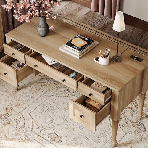WAMPAT Farmhouse Executive Desk with Drawers, 56 Inch Writing Desk, Oak - Image 5