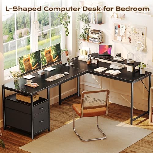 PRAISUN 63 Inch L Shaped Desk with Power Outlets and USB-C Port, Computer Corner Home Office Desk with File Fabric Drawers and Movable Monitor Stand, Larger Storage, Gaming, Writing, Work, Black - Image 3