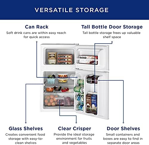 GE Mini Fridge With Freezer | 3.1 Cubic Ft. | Double-Door Design With Glass Shelves, Crisper Drawer & Spacious Freezer | Small Refrigerator Perfect for the Garage, Dorm Room, or Bedroom | White - Image 3