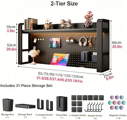 2/3/4 Tier Desktop Bookshelf with Pegboard and Storage Parts, Metal Desktop Organizer Hutch, Desk Shelves for Top of Desk, Shelf Organizer Display Rack for Dorm Home(Black+Brown,2-tier L37.4in) - Image 2