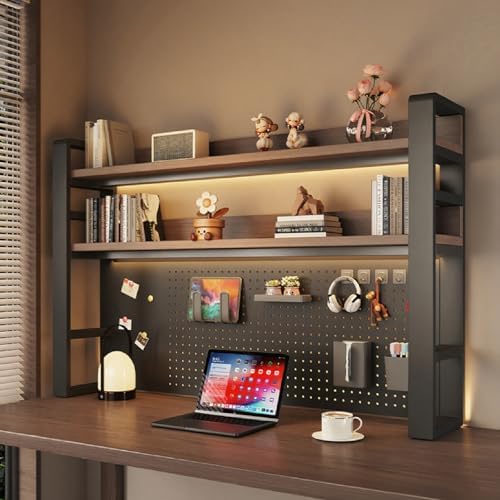 Desk Shelf Organizer for Top of Desk – Desktop Bookshelf with Pegboard & Storage Accessories, Adjustable Hutch for Dorm or Office, Steel Frame Display S Black frame + dark brown board 45.3*9.8*36.6in by Unknown