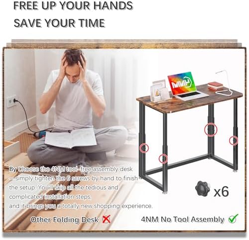 4NM No Tool Assembly 31.5" Small Desk, Folding Portable Desk with Wheels, Adjustable Height Foldable Computer Home Office Desks, Collapsible Study Writing Table for Space Saving Bedroom - Rustic Brown - Image 6