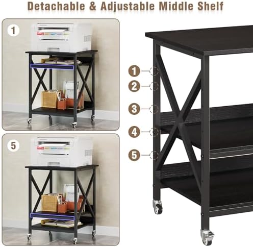 VENNQD 23.6 x 23.6 x 30.3 Inches Printer Stand, Large Printer Table with Adjustable Middle Shelf, Rolling Printer Cart with Wheels, 3 Tier Printer Table for Home Office Living Room Scanner Fax, Black - Image 4