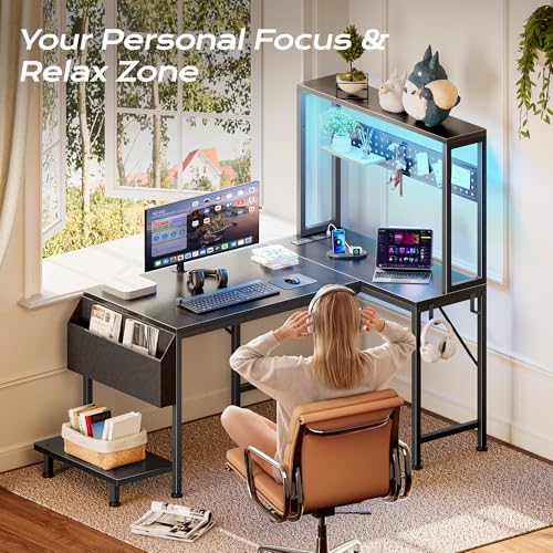 PRAISUN L Shaped Gaming Desk with LED Lights & Power Outlets - Image 6