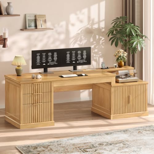 SEDETA 70.9" Executive Desk, Fluted Office Desk with Drawers, Oak - Image 3
