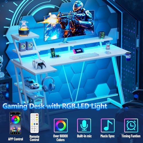 Korfile 55 Inch White Gaming Desk with LED Lights & Power Outlet, Gaming Computer Desk with Storage Shelves, L Shaped Gamer Workstations with Monitor Stand for Bedroom - Image 4