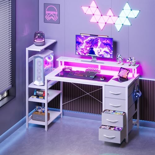 51in Gaming Computer Desk with Drawers & Power Outlet & LED Lights, White - Image 2