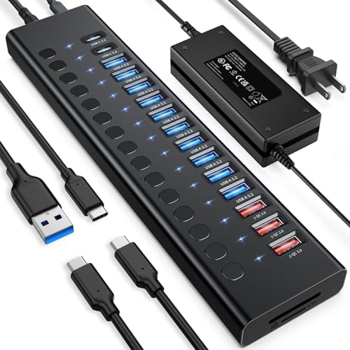 VANGREE Powered USB Hub 10Gbps, 17 Ports USB 3.2 Hub, 96W Power Adapter by VANGREE