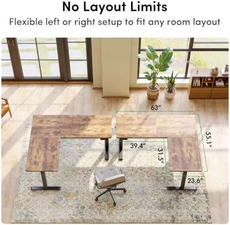 FEZIBO 63" x 55" L-Shaped Standing Desk - Adjustable Corner Desk L Shape, L-Shaped Adjustable Desk with Splice Board, L Shape Standing Desk, Rustic-Brown - Image 3
