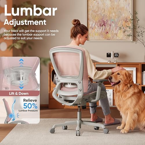 ELABEST Mesh Office Chair,Ergonomic Computer Desk Chair,Sturdy Task Chair- Adjustable Lumbar Support & Armrests,Tilt Function,Comfort Wide Seat,Swivel Home Office Chair (Pink) - Image 7