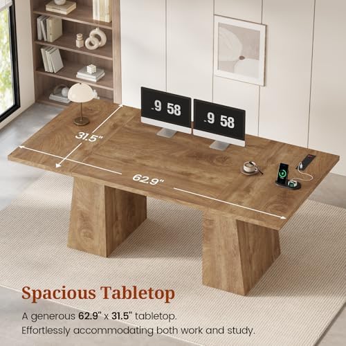 UPOSOJA 63 in Executive Desk with Power Outlets, Modern Home Office Desk with Storage Cabinet, Wood Computer Desk Business Workstation Desk Conference Table (Oak) - Image 3