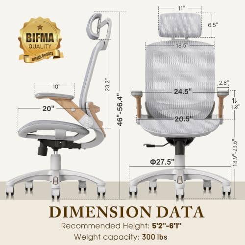 GABRYLLY Ergonomic Office Chair, High Back Home Desk Chair with Flip-Up Arms, Headrest, 90-120° Tilt and Wide Cushion, 300LBS White Mesh Chair for Work Gaming Study (GY01-NT, Woodgrain Pattern) - Image 3