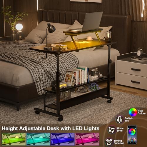 Height Adjustable Standing Desk with Power Outlets and LED Lights - 39" Manual Stand Up Desk with Monitor Stand and Storage Shelves Small Mobile Rolling Computer Desk Portable Laptop Table, Black - Image 5