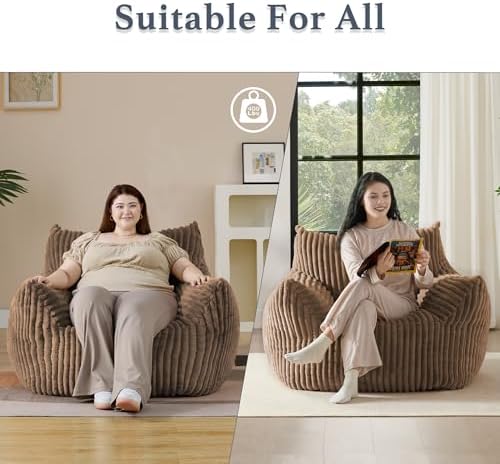 Giant Plush Bean Bag Chair for Adults with Armrests - Oversized Comfy Khaki Beanbag Lounge Lazy Floor Sofa Chair for Living Room, Bedroom & Dorm, Cozy Fluffy Single Cloud Mini Couch - Image 6