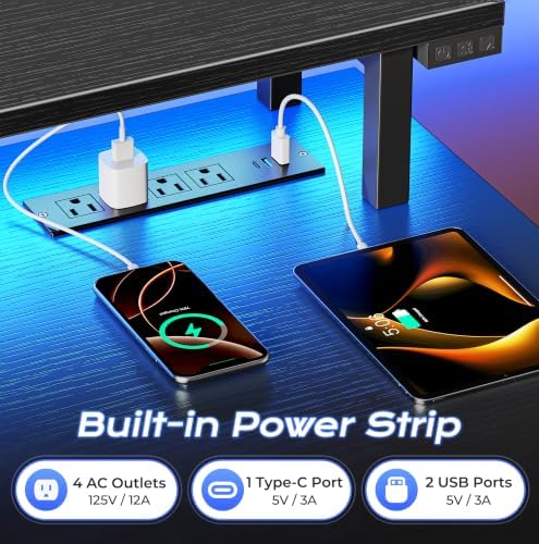 PRAISUN 55 inch Gaming Desk, LED & Power Outlets, Monitor Stand, Black - Image 5
