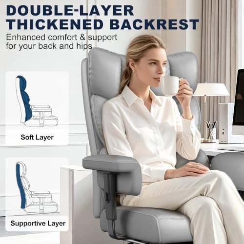 Misolant Big and Tall Office Chair with Footrest, High Back Executive Desk Chair with Adjustable Lift Armrest, 155°Recline，Lumbar Support Pillow, Faux Leather Gaming Chairs for Home or Office Gray - Image 6