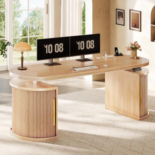 SEDETA 57" Standing Desk with Storage, Electric Height Adjustable Executive Fluted Desk with Curved Cabinets, Computer Desk with Power Strip for Home Office, Light Oak by SEDETA