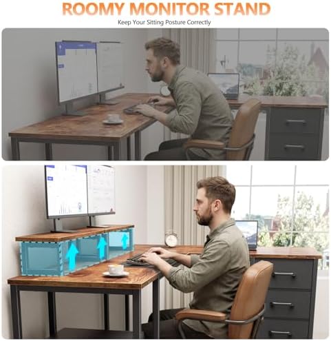 Korfile 59 inch L Shaped Computer Desk with Power Outlets, Rustic Brown - Image 7