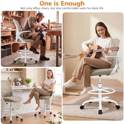 Drafting Chair Tall Office Chair with Flip-up Armrests, Adjustable Height, and Enhanced Lumbar Support - Ergonomic Rolling Stool, Back Support, and Adjustable Foot Rest Ring for Standing Desk Khaki - Image 5